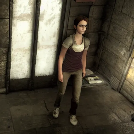 Prompt: Screenshot of Emma Watson in Penumbra video game, Frictional Games