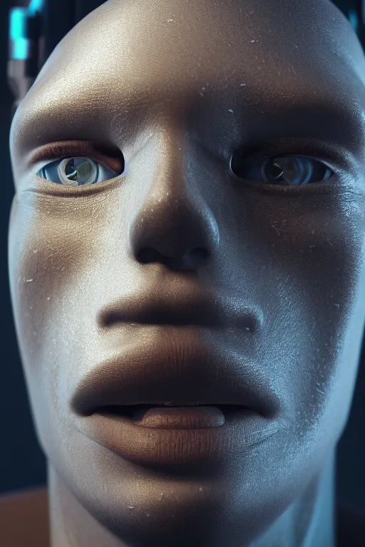 Image similar to closeup shot of a cyborg head, macro shot, dof, cinematic, volumetric lighting, studio shot, octane render, 4 k