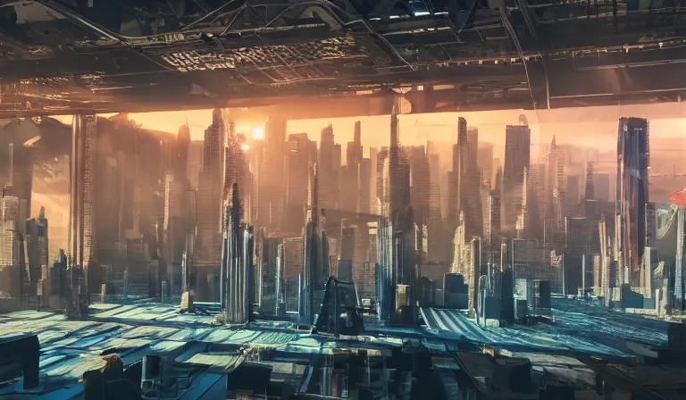 Image similar to group of people in simple warehouse, looking at hologram of futuristic city on a table, cinematic concept art, godrays, golden hour, natural sunlight, 4 k, clear details, tabletop model buildings, center model buildings, hologram center, crane shot, crane shot, crane shot