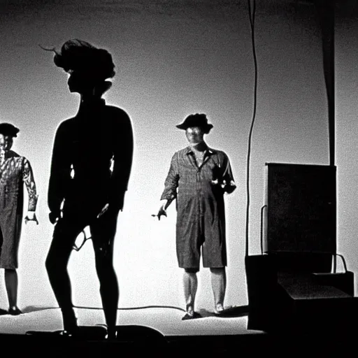 Prompt: DEVO plays on a small stage in David Lynch's film Eraserhead, 1977, black and white