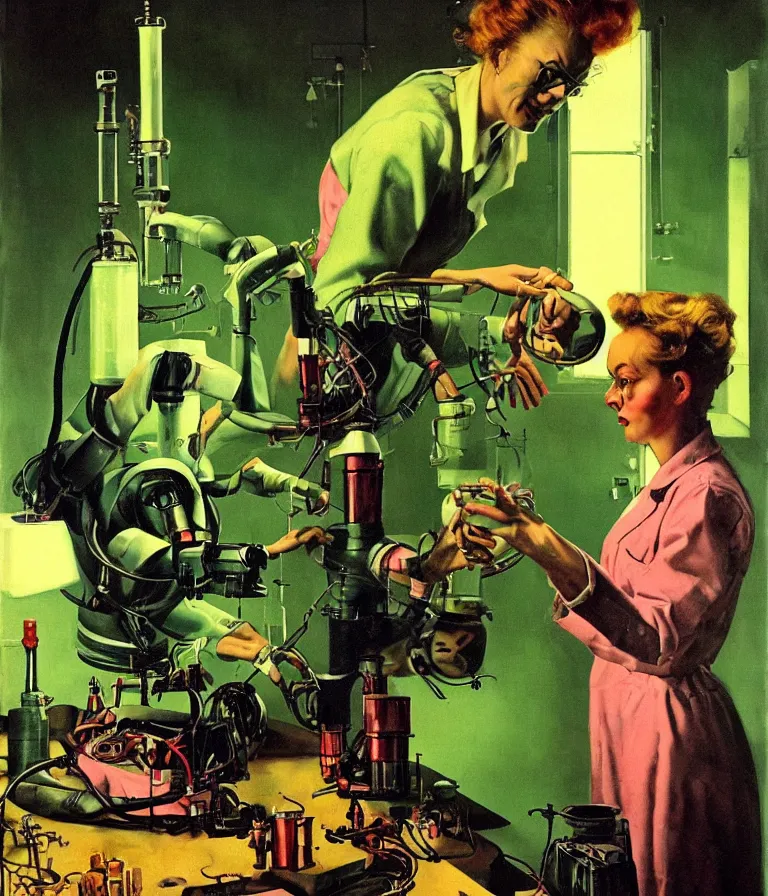 Image similar to a female mad scientist building a robot man, in a darkly lit laboratory room, 1 9 5 0 s horror movie poster style, norman rockwell oil painting, tight shot, close - up shot, retro science fiction, vintage, saturated pink and green lighting, shadowy lighting, cohesive