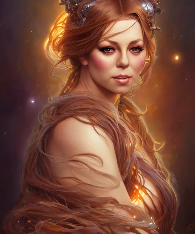 Image similar to Mariah Carry as a fantasy magic woman portrait, sci-fi, amber eyes, face, long hair, fantasy, intricate, elegant, highly detailed, digital painting, artstation, concept art, smooth, sharp focus, illustration, art by artgerm and greg rutkowski and alphonse mucha