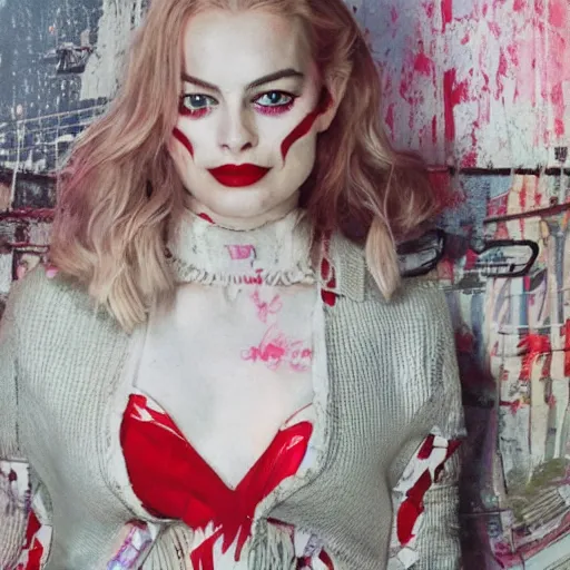 Prompt: a beautiful medium - shot of margot robbie as harley quinn looking for into the distance, psychopath face, beautiful backlight, focus on her face, bokeh, by terry richardson