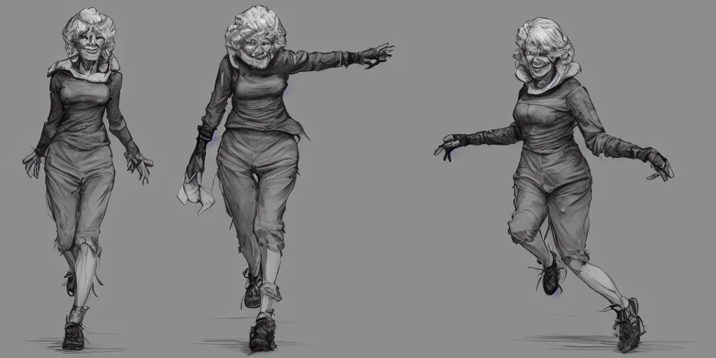 Image similar to nice old lady running down a dream, character sheet, fine details, concept design, contrast, brigitte bardot, kim jung gi, greg rutkowski, trending on artstation, 8 k, full body, turnaround, front view, back view, ultra wide angle