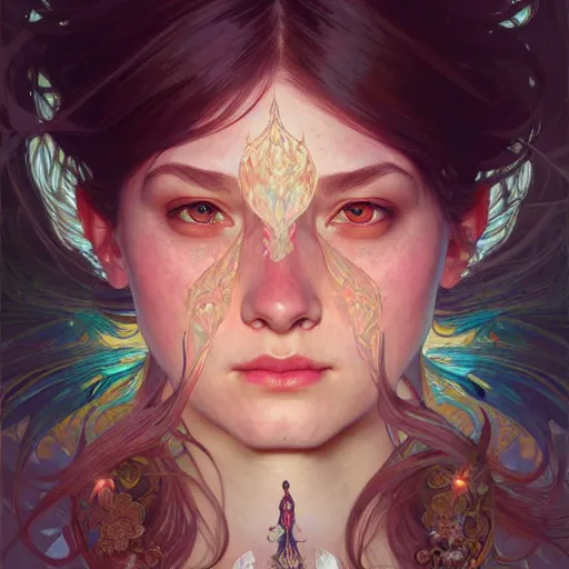 Image similar to Portrait of a girl surrounded by floating daggers, face, fantasy, intricate, elegant, highly detailed, digital painting, artstation, concept art, smooth, sharp focus, illustration, art by Sam Youn and Fernanda Suarez and Artem Demura and alphonse mucha