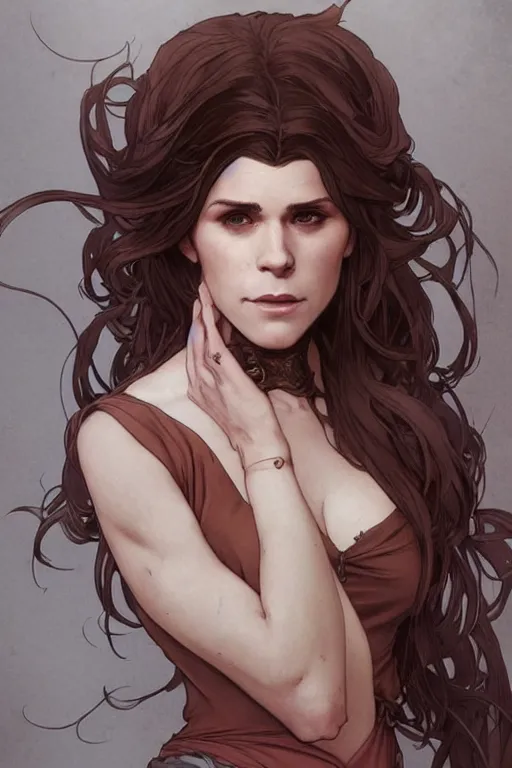 Image similar to gorgeous witch who looks like kate mara, detailed full body portrait by Krenz Cushart and artgerm and Alphonse Mucha, amazing detail, stunning inking lines, flat colors, 4K, character design, concept art