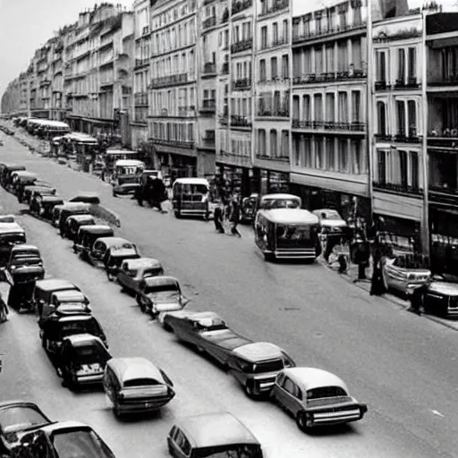 Prompt: une rue de paris vide avec des voitures garees en 1 9 8 0