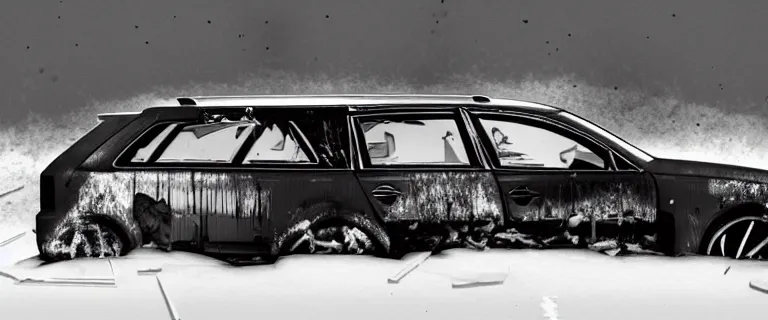 Image similar to Audi A4 B6 Avant (2002), a gritty neo-noir, dramatic lighting, cinematic, eerie person, death, homicide, homicide in the snow, viscera splattered, gunshots, bullet holes, establishing shot, extremely high detail, cracked windows, photorealistic, arson, burning car wreck, cinematic lighting, artstation, by simon stalenhag, Max Payne (PC) (2001) winter New York at night, In the style of Max Payne 1 graphic novel, flashing lights, Poets of the Fall - Late Goodbye