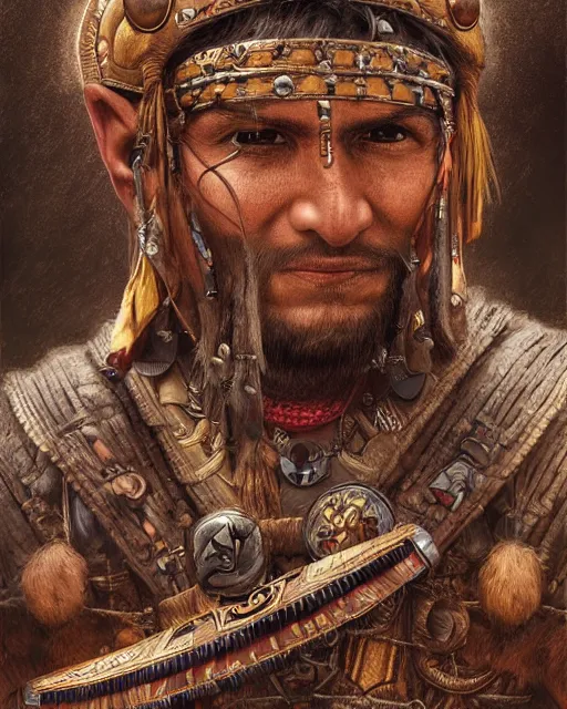 Prompt: digital painting of an incan warrior, art by filipe pagliuso and justin gerard, symmetric, fantasy, highly detailed, realistic, intricate, portrait, sharp focus, tarot card