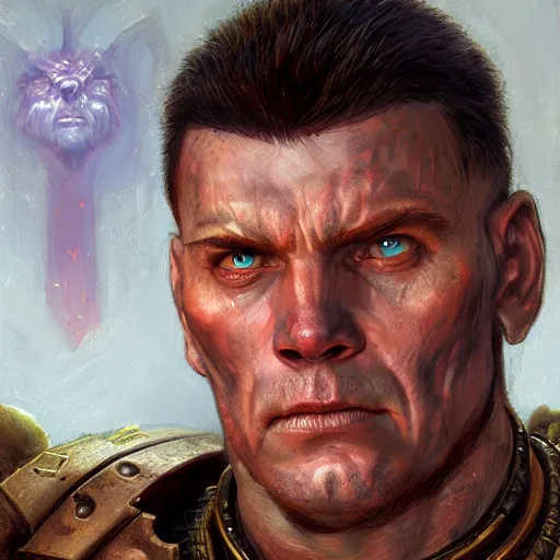 Image similar to the doomguy as a realistic d & d fantasy character, closeup portrait art by donato giancola and greg rutkowski, vintage retro, realistic face, digital art, trending on artstation, symmetry!!