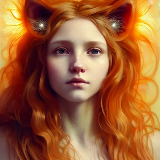 Image similar to Portrait of a girl angel with pale orange colored frizzy strands of illuminated hair, cat ears on her head, glowing halo, Lion's Mane, fantasy, intricate, elegant, highly detailed, digital painting, artstation, concept art, smooth, sharp focus, illustration, art by Krenz Cushart and Artem Demura and alphonse mucha