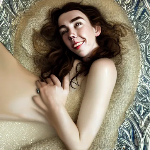 Prompt: stunning photo of dark - haired goddess vanessa kirby smiling, laying back on a pillow, with white tears running down her face, a beautiful closeup, wet lips, perfect eyes, insanely detailed, elegant, by mucha, wlop, rutkowski, livia prima