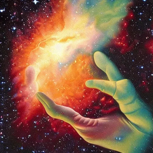 Prompt: a nebula in the shape of a hand, david a. hardy