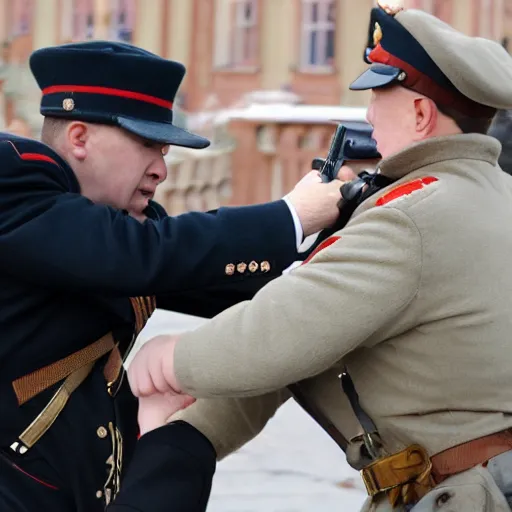 Image similar to Silenced Walther PPK being aimed at a surprised russian guards head