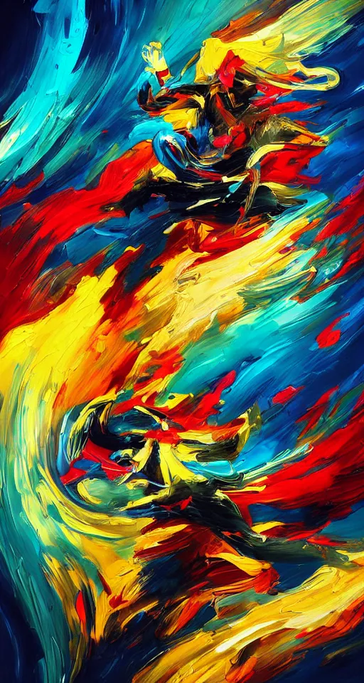 Image similar to colorful beautiful abstract painting, man, ninja with katana of water wave, full body, water fists of fury, jumping leaping heroic attack, action scene, ultra detailed