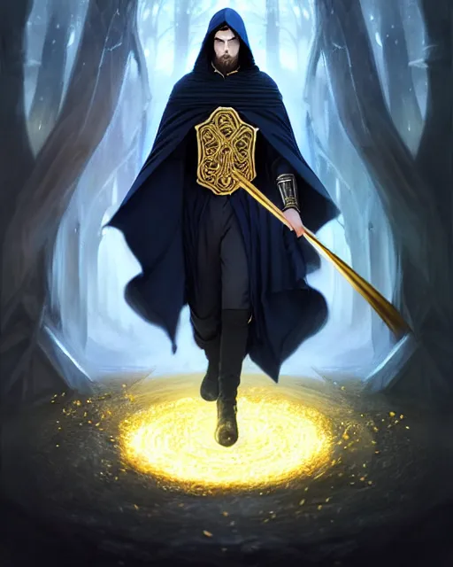 Image similar to handsome male mage fighting, long black hair blue eyes wearing cloth mantle gothic navy cloak with gold details, tree town, fantasy character portrait, ultrarealistic, intricate details, elegant, cinematic lighting, highly detailed, artstation, cgsociety, sharp focus, beautiful digital painting by artgerm, wlop, greg rutkowski