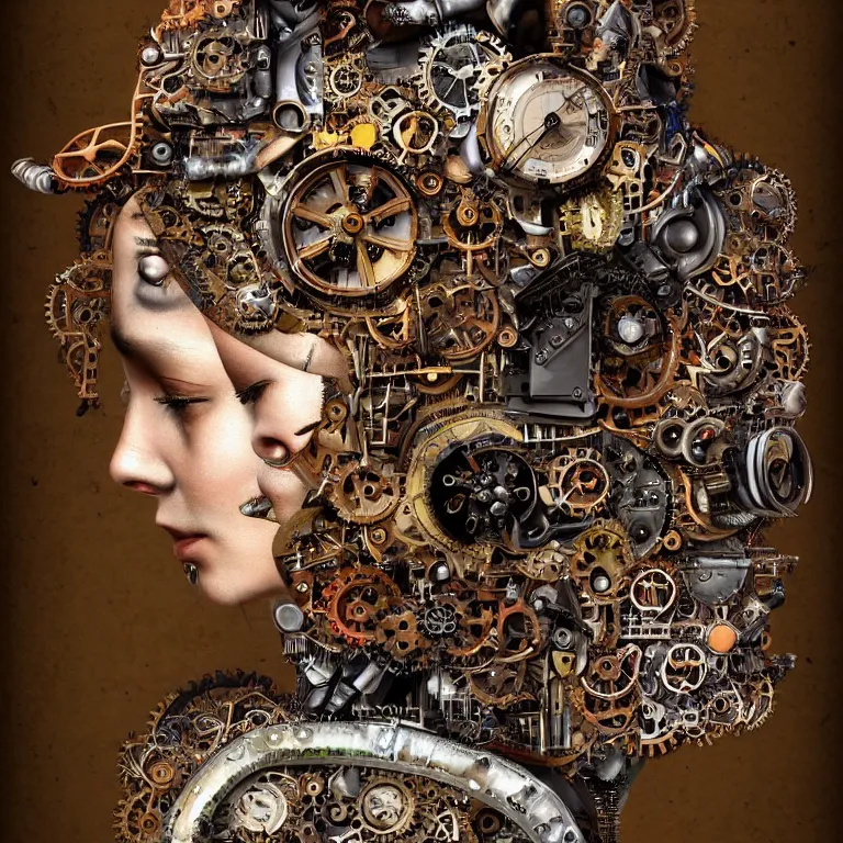 Image similar to profile portrait of a woman, computer parts, mechanical parts, by giuseppe arcimboldo, steampunk, cyberpunk, futuristic, psychedelic, surreal, sci - fi, vaporwave, alien, dreamlike.