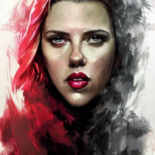 Image similar to portrait of scarlett johansson as a demon woman, colourised, face portrait, epic, tragic, military art, fantasy, dieselpunk, hd shot, digital portrait, beautiful, artstation, comic style, by artgerm, guy denning, jakub rozalski, magali villeneuve and charlie bowater