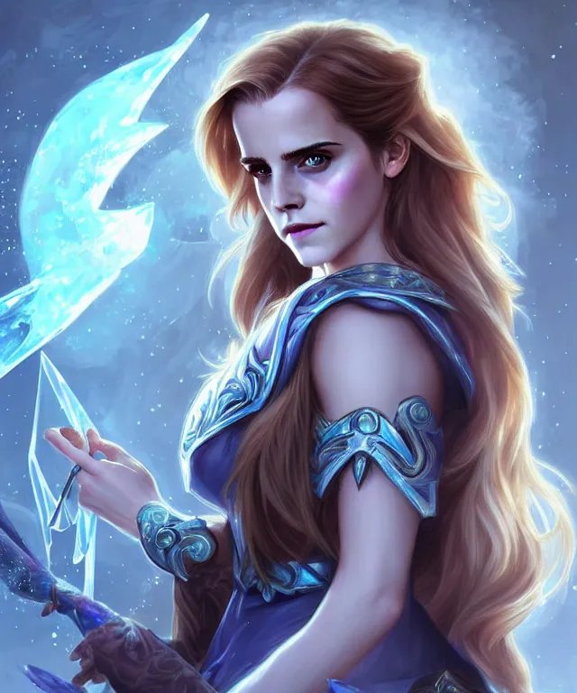 Image similar to Emma Watson as a ice magician, crystal maiden from dota 2, sci-fi, amber eyes, face, long hair, fantasy, intricate, elegant, highly detailed, digital painting, artstation, concept art, smooth, sharp focus, illustration, art by artgerm and greg rutkowski and alphonse mucha