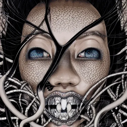 Image similar to x - ray portrait closeup of dark beautiful woman with snakes from her mouth, symmetrical, glitches, by yoichi hatakenaka, masamune shirow, josan gonzales and dan mumford, ayami kojima, takato yamamoto, barclay shaw, karol bak, yukito kishiro