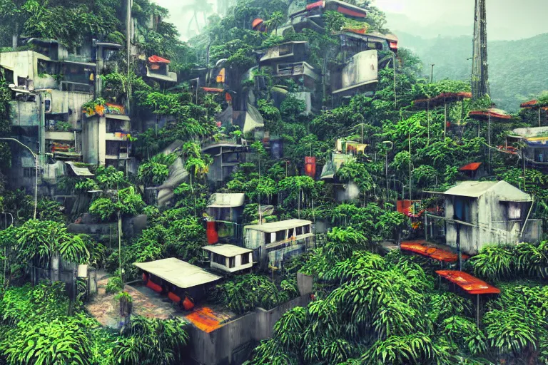 Image similar to favela winding cybernetic bunker, lush floral jungle environment, industrial factory, haunting, award winning art, epic dreamlike fantasy landscape, ultra realistic,