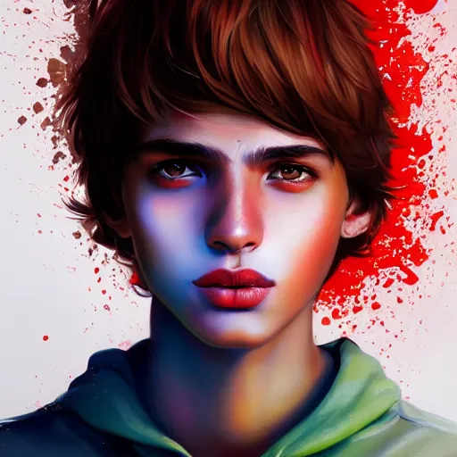 Image similar to colorful and festive captivating teenager with straight brown hair covering his eye, dark skin, big lips, big eyes, wearing a red t - shirt. rich vivid colors, ambient lighting, dynamic lighting, 4 k, atmospheric lighting, painted, intricate, highly detailed by charlie bowater