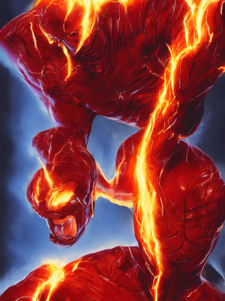 Image similar to human torch, close up, intricate, looking at camera, extremely detailed, sharp focus, concept art, illustration, sci-fi, volumetric lighting, art by Alex Ross