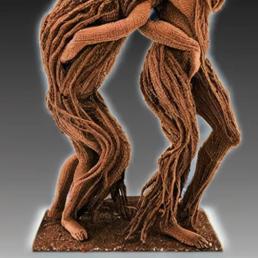 Prompt: dmt bodies. Mesh of human figures intertwined. earthen colors. The medium of this sculpture is human hair. A mess of human hair. Matted hair woven dreadlock sculpture. Tangled splitend hair. barbershop floor. Sculpted by August Rodine.