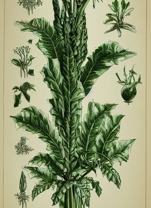 Image similar to fantasy scientific botanical illustration of a green tall plant walking around with human legs