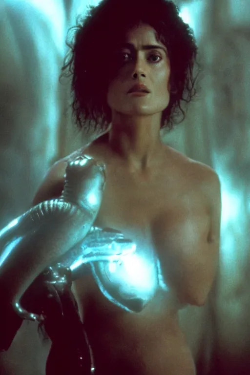 Image similar to film still of salma hayek in the movie Alien, xenomorph mounted on her, cinematic shot, scary, fear emotions, ambient lighting 4k.