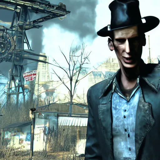 Image similar to nick valentine is sitting in a shopping cart, realism, stylization for fallout 4