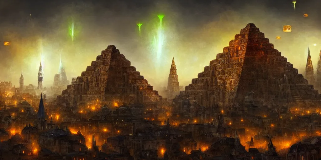 Image similar to magical city of the Great Tartarian Empire adorned with amazing lost technology, lighting resembling fireflies, spires from rooftops collecting and distributing etheric energy, the centerpiece of the city is a colossal ancient pyramid made of metal, cityscape, combining intense detail & utmost quality, Christian Hecker, Artstation, - H 832