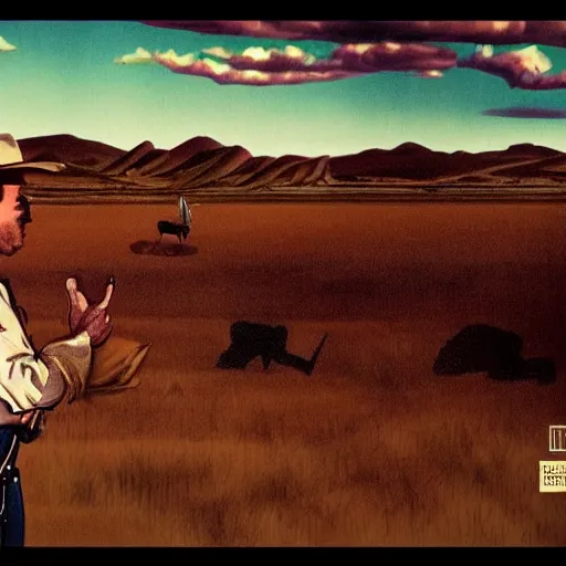 Prompt: screengrab of cowboy on the range, beautiful New Mexico landscape, Art Deco, pulp noir, dark deco, animated series, by Eric Radomski