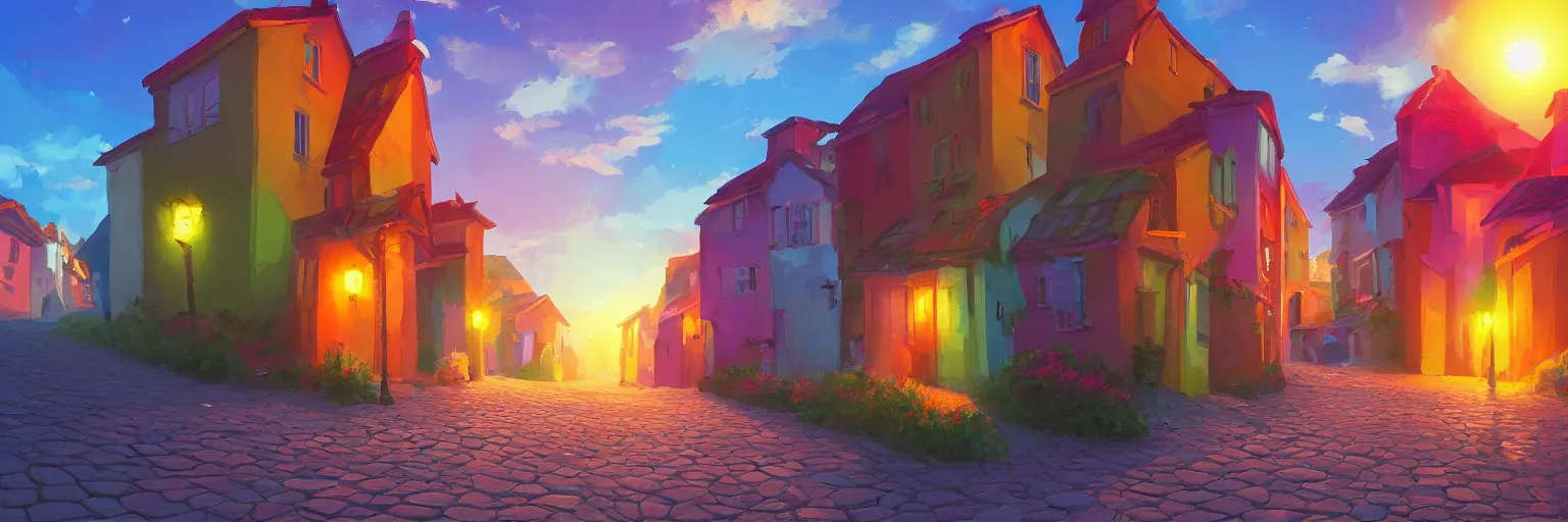 Prompt: a lonely cobblestone street on a hill with colorful houses near the beach and the sea, brightly illuminated by rays of sun, artstation, colorful sylvain sarrailh illustration