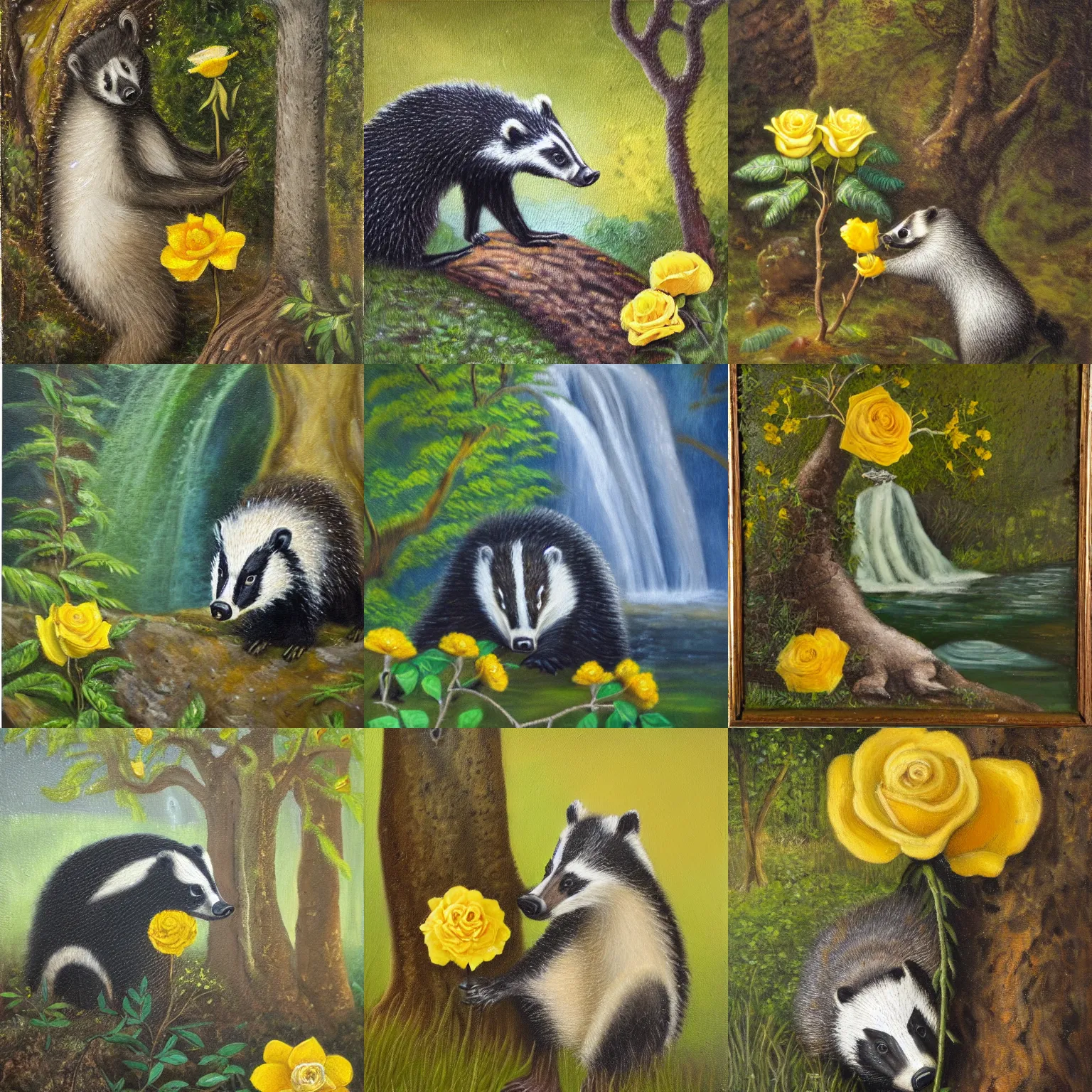Prompt: a richly textured oil painting of a young badger delicately sniffing a yellow rose next to a tree trunk. a small waterfall can be seen in the background.