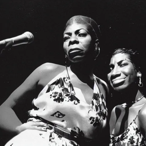 Image similar to old film photo of Nina Simone and Amy Winehouse on stage at a club, dark lit, beautiful lighting, halation, realistic, chromatic aberration, dof, god rays,