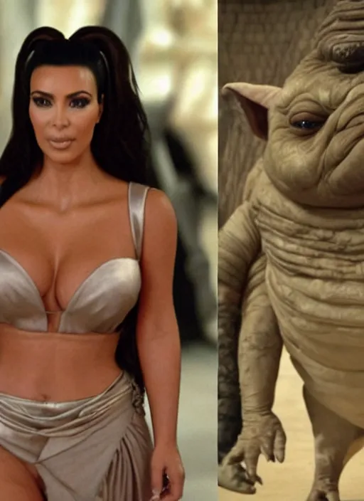 Prompt: film still of kim kardashian as princess leigha in star wars next to jabba the hut