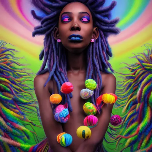 Image similar to a wide angle shot of a black girl with colorful dreadlocks in a field of candy, by Adi granov and afarin sajedi and amanda sage and evgeni gordiets and Agostino Arrivabene and adonna khare in a psychedelic portrait style, ultrarealistic matte painting, volumetric lighting, fractal, extremely symmetrical, highly detailed face, orisha, 8k, hd