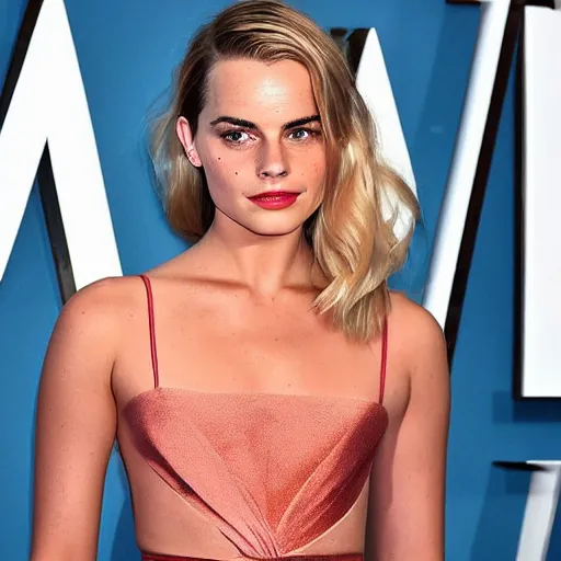 Image similar to a woman who is a genetic combination of margot robbie and emma watson face and upper - body focus