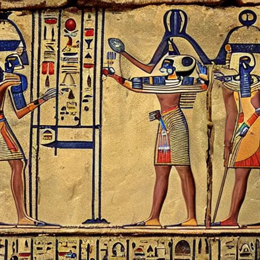 Image similar to ancient egyptian art featuring aliens robots cyborg