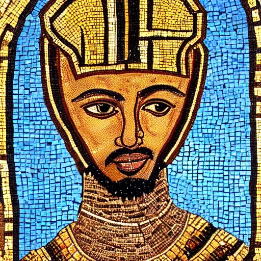 Prompt: realistic portrait of an ethiopian knight wearing an metalic chestplate in a byzantine mosaic, very detailed, very realistic, elegant, top art, renowed artwork