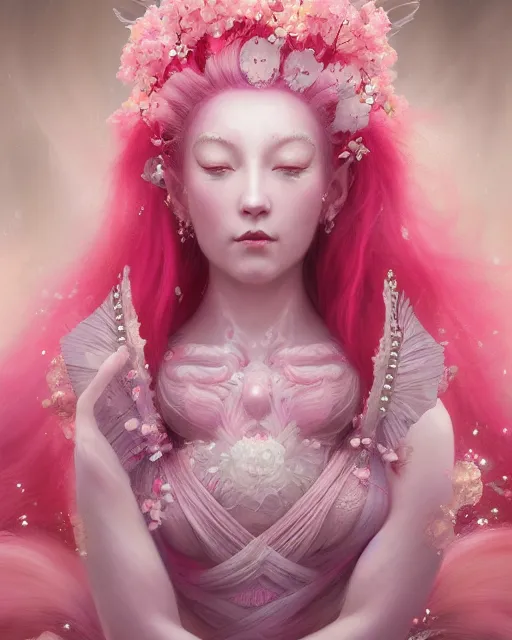 Image similar to Full View Portrait Mystical ethereal Cherry blossom deity wearing beautiful dress with pink hair, Sakura Dryad made of Sakura beautiful dress with pink hair, 4k digital masterpiece by Greg Rutkowski and Ruan Jia and rossdraws, Alberto Seveso, fantasycore, Hyperdetailed, realistic oil on linen, soft lighting, Iconography background, featured on Artstation