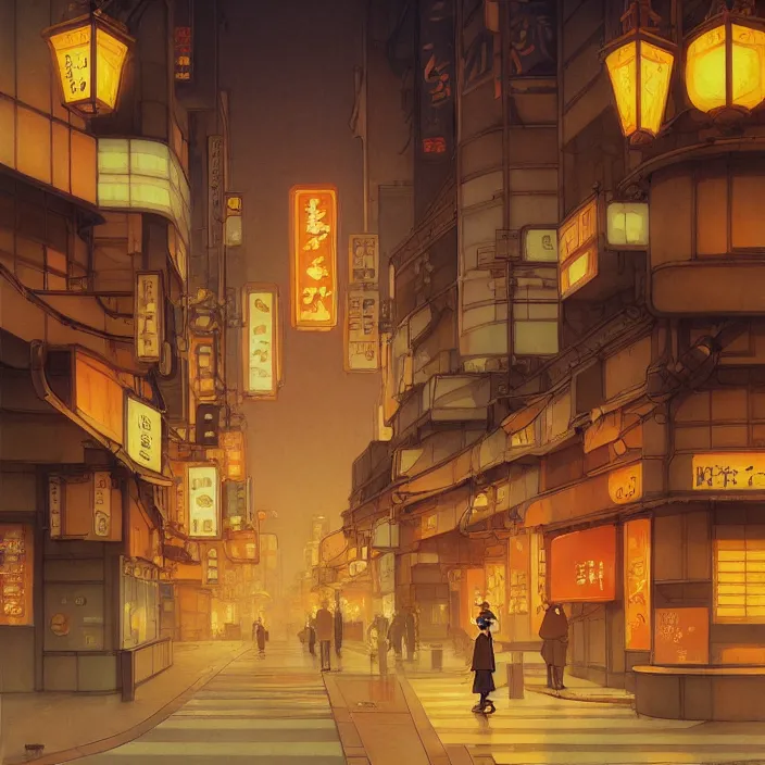 Prompt: empty tokyo, autumn, in the style of studio ghibli, j. c. leyendecker, greg rutkowski, artem