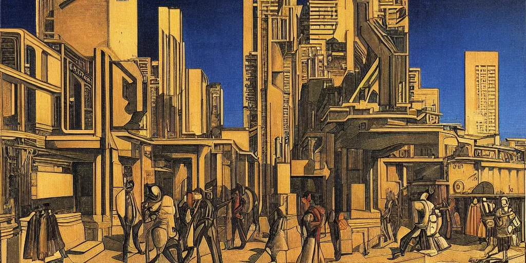 Image similar to friday night in a cyberpunk city by giorgio de chirico