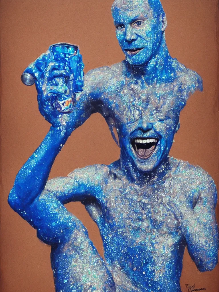 Prompt: Tobias fünke as a Blue Man drinking glitter from a garden hose, highly detailed portrait