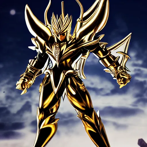 Image similar to full shot of angry darkness Saint Seiya knight at moonlight, wearing golden Cat armor, inspired by Masami Kurumada, detailed, unreal engine 4k volumetric light, fog,