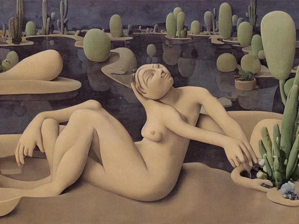Image similar to Woman sculpted by Henri Moore taking a bath alone in a strange, giant ceramic basin sculpted. Alien, crater landscape with efflorescent strange cacti, aloe Vera. Night wit stars. Painting by Georges de la Tour, Alex Colville, Balthus