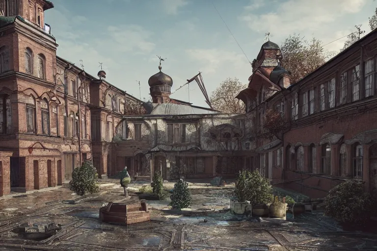 Prompt: a regular russian courtyard with mud and an old playground between two soviet five-storey panel houses, high details, cinematic, 8k resolution, beautiful detailed, insanely intricate details, artstation trending, octane render, unreal engine