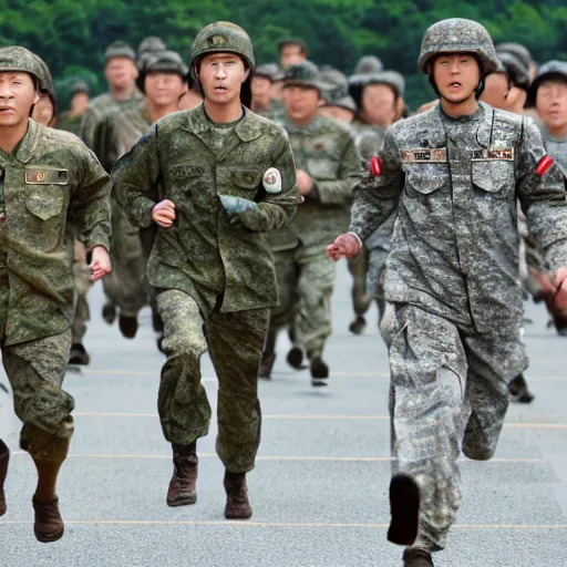 Prompt: forrest gump running through korean demilitarised zone