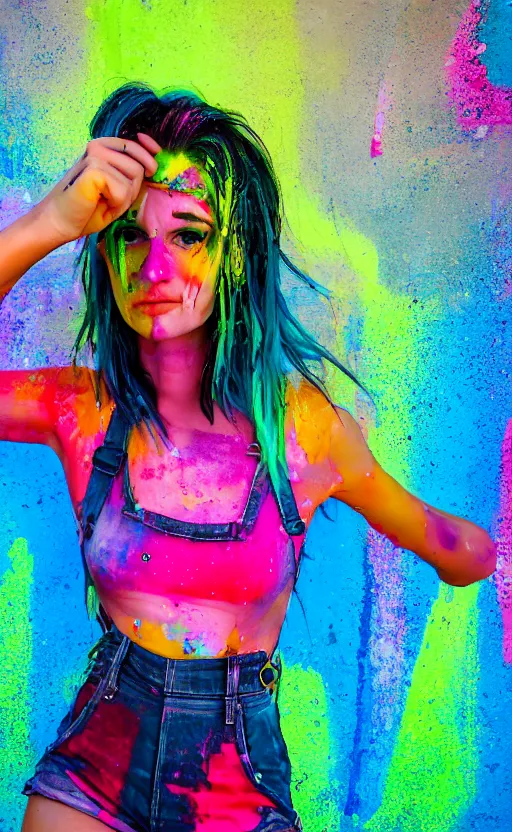 Image similar to grungy woman, rainbow hair, soft eyes and narrow chin, dainty figure, wet t-shirt, torn overalls, skimpy shorts, covered in neon paint, luminescent, Sony a7R IV, symmetric balance, polarizing filter, Photolab, Lightroom, 4K, Dolby Vision, Photography Award